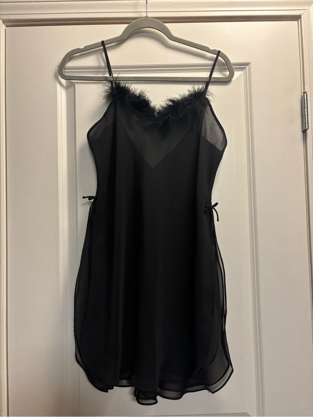 Fantasies Morgan Taylor Black Y2K Feather-Trim Slip Dress Size Medium